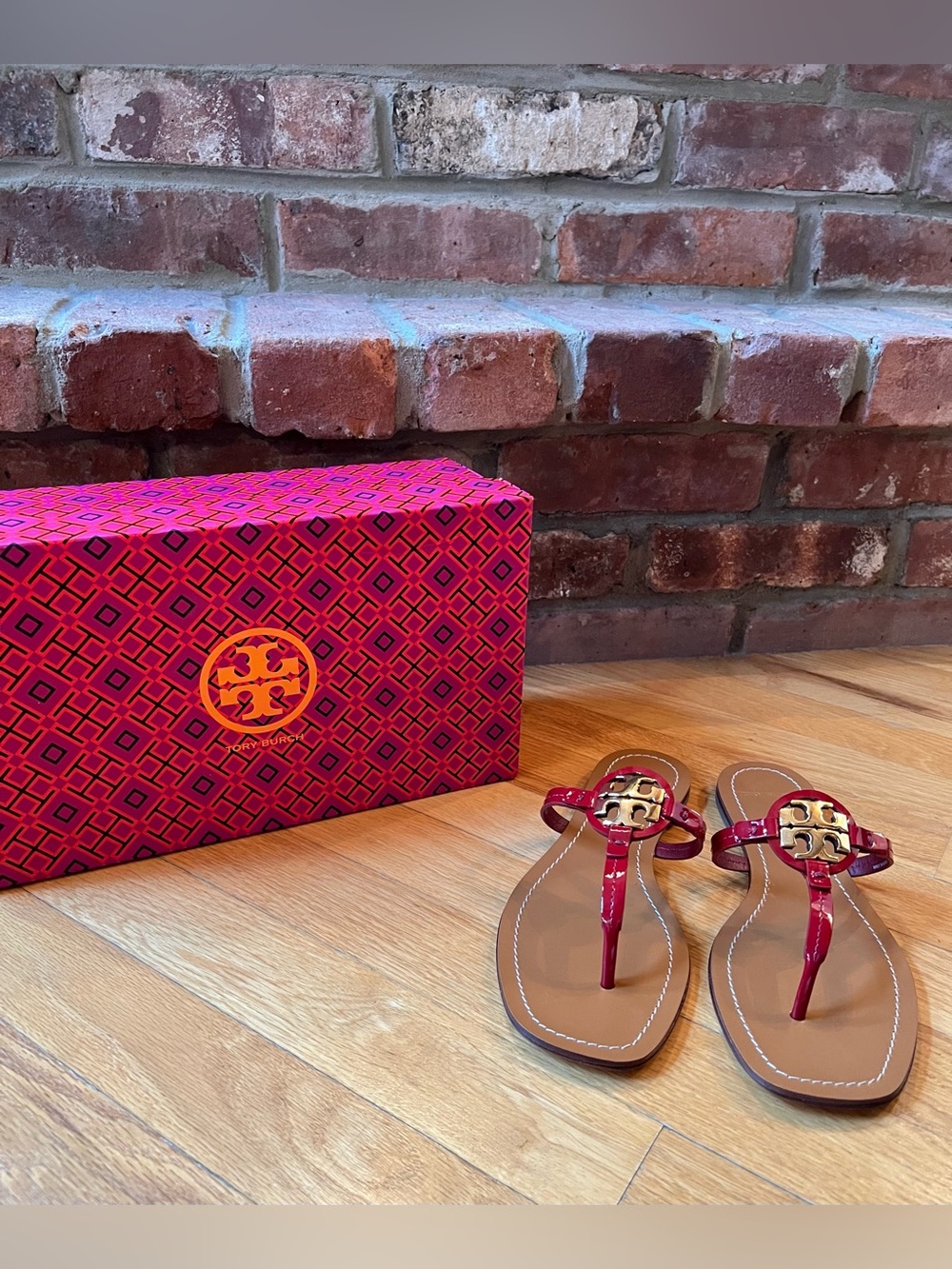 Tory Burch Red Mini Miller Patent Leather Thong Sandals
